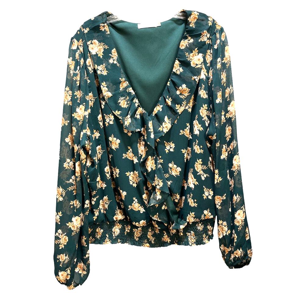 Lush Green Floral Long Baloon Sleeve Blouse 3x